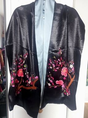 Silk-Feel Black Embroidered Floral Scarf - Pink Blossom Design